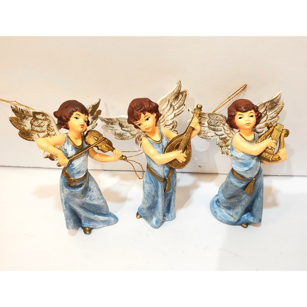 Lot of 3 Vintage Christmas Angels Blue Dress Gold Instruments Plastic Ornaments